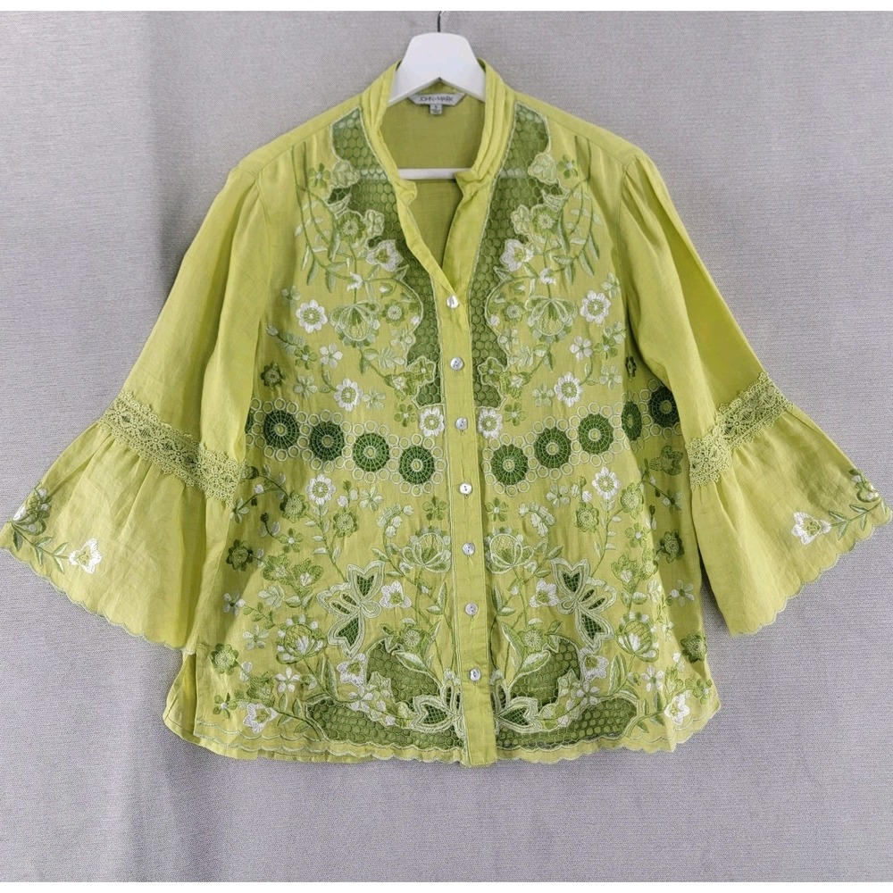 John Mark Top 100% Linen Embroidered Floral Button Up Flare Sleeve Size Small